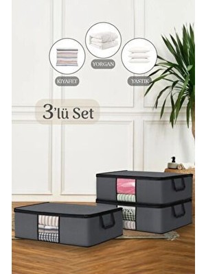 3 Adet Antrasit Gri Pencereli Giysi Hurcu Saklama Çantası 64X45X22