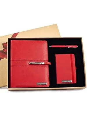 Hediye Rengi Isme Organizerli Tarihsiz Ajanda Kalem ve Not Defteri Seti Kutulu Büyük Boy Kırmızı Renkli