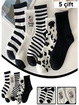 5 Çift Unisex Inek Desenli Siyah Beyaz Renkli Uzun Soket Çorap Seti 5 Adet