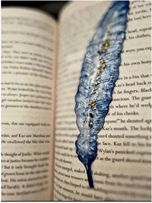 Sultan Tasarım Tüy Desenli Altın Varaklı Epoksi Kitap Ayracı 1 Adet Mavi Renkli