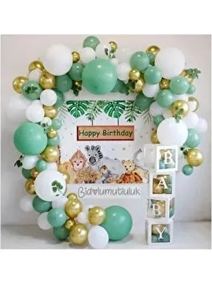 Bi Dolu Mutluluk Küf Yeşili Baby Yazılı Balon Kutusu Doğum Günü Kutlama Seti Renkli Ebatlar ve Adet Sayısı