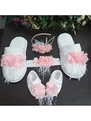 Lohusa Terlik ve Taç Bebek Patik Tüylü Incili Set Pembe Renkli Şık Aksesuarlar