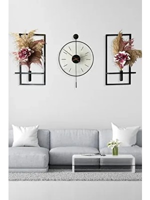 Vip Set Glazing Siyah 3'lü Çiçeklikli Cam Duvar Saati