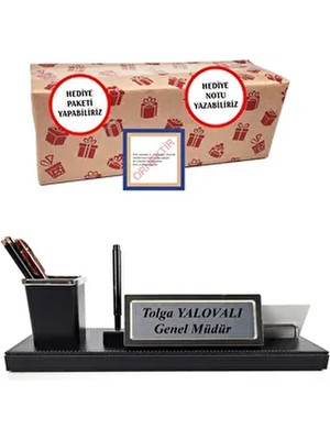 ProZenis Vefa Ahşap Deri Ofis Masa Üstü İsimlik 1 Adet Siyah Renkli Ofis Işyeri İçin