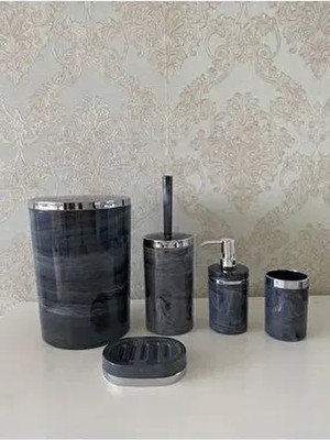 5 Parça Mermer Desen Gümüş Banyo Seti / Wc Fırçalık, Sıvı - Katı Sabunluk, Çöp Kovası, Diş Fırçalık