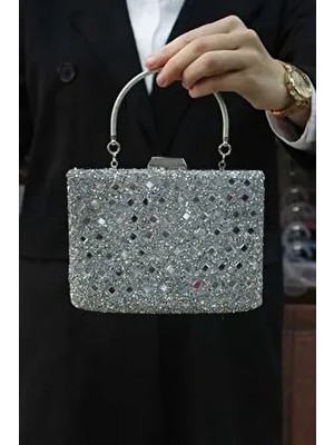 Kadın Gümüş Taşlı Abiye Clutch Portföy Çanta