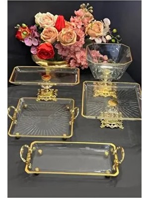 Exclusive Döküm Ayaklı Gold 5 Parçadan Oluşan Muhteşem Sunum & Servis Seti