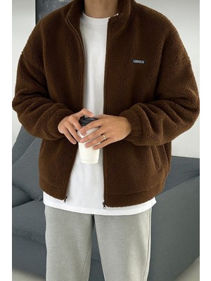 Genius Store Oversize Peluş Tam Fermuarlı Sweatshirt Kahverengi Cepli Kalın Polarlı Sherpa Kumaş Erkek