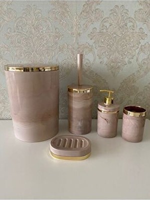 Trend Banyo Mutfak Parça Mermer Desen Banyo Wc Fırçalık, Sıvı - Katı Sabunluk, Çöp Kovası, Diş FırçalıkSeti Akrilik Malzemeden Pembe Renkli Şık Tasarım 5 Parça