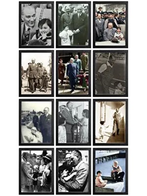Four Arts Atatürk Çocuk Sevgisi Çerçeve Görünümlü 12 Li Ahşap Tablo Seti, M