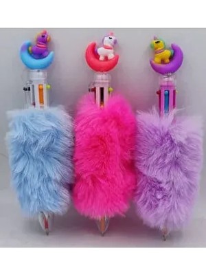 Kuki Buperom Unicorn Tüylü Tükenmez 6 Renk Uçlu Mavi Renkli 6 Parça Eğlenceli Kalem Seti