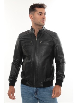 DERİMONTAYA Hakiki Kuzu Derisi Siyah Erkek Beli Lastikli 