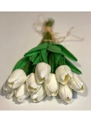 Yapay Çiçek Beyaz Islak Lale Buketi 10'lu Gerçekçi Görünüm ile Dekoratif Kullanım İçin