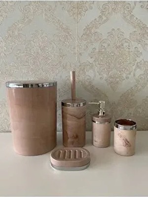 5 Parça Mermer Desen Gümüş Banyo Seti / Wc Fırçalık, Sıvı - Katı Sabunluk, Çöp Kovası, Diş Fırçalık