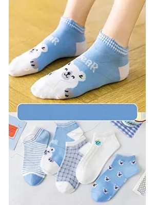 5 Çift Mavi Bear Çizgili Kısa Çorap KC151020