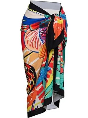 Sailor Moda Hawaii 3 Kadın Pareo İç Göstermez Siyah Renk Desenli Yazlık Plaj Modası