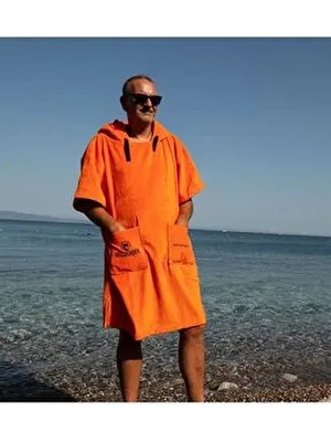 Turuncu Cepli Kapşonlu Havlu Panço
