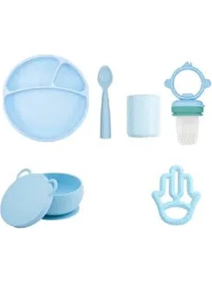 OiOi Mavi Silikon Full Set Tabak Bardak Kaşık Kase Anneli Diş Kaşıyıcı Püre 5 Parça