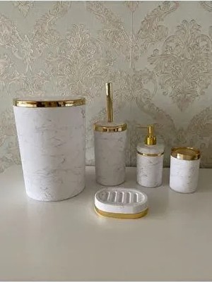 5 Parça Mermer Desen Mat Banyo Seti / Wc Fırçalık, Sıvı - Katı Sabunluk, Çöp Kovası, Diş Fırçalık