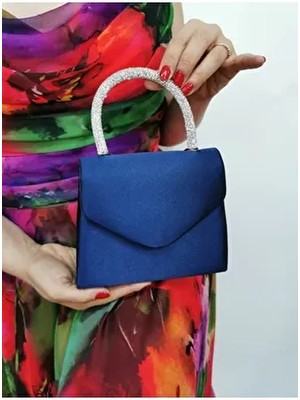 Kadın Saten Lacivert Abiye Taşlı Clutch Portföy El Düğün Nişan Gece Çantası