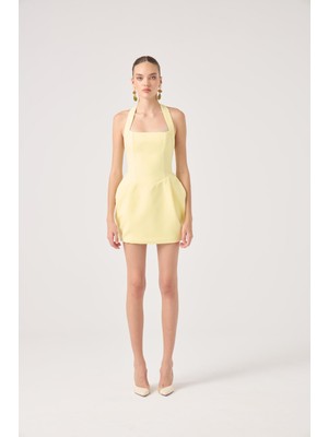 Boyundan Askılı Cepli Mini Yerry Elbise Sarı