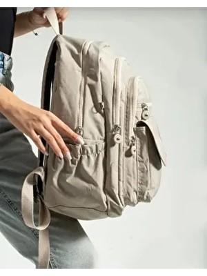 Mega Çanta Çok Bölmeli Krem Renkli Büyük Boy Okul Sırt Çantası Tekstil Malzeme ile