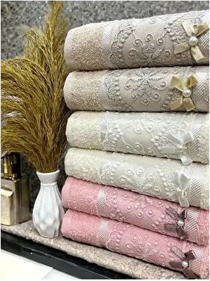 6 Adet %100 Pamuklu Güpürlü Fiyonklu Desenli 50X90 El Yüz Havlu Seti