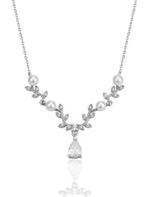 Söğütlü Silver Gümüş Rodyumlu Inci ve Zirkon Taşlı Yaprak Firgürlü Prenses Kolye SGTL12355RODAJ