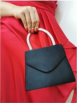 Kadın Saten Siyah Abiye Taşlı Clutch Portföy El Düğün Nişan Gece Çantası