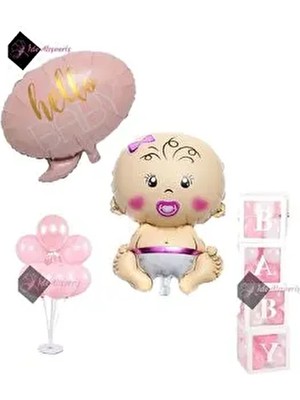 Lüks Hastane Oda Süsleme Seti Kız Bebek Folyo - Hello Baby Folyo - 4 Baby Kutu - 7 Li Stant