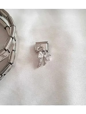 kubotique 316 l Parlak Çelik Taşlı Kurdele Fiyonk Charm Metalik Renkli Bileklik Uyumlu