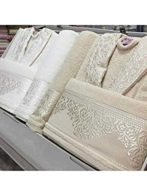 Fiesta Pamuk Kadın Erkek Aile Bornoz Seti - Krem - Vizon