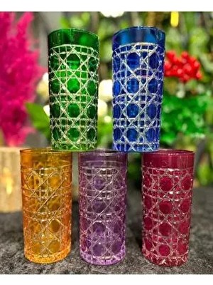Onedekor 6'lı Cam Kahve Yanı Su Bardak Renkli Petek Desen Özel Tasarım