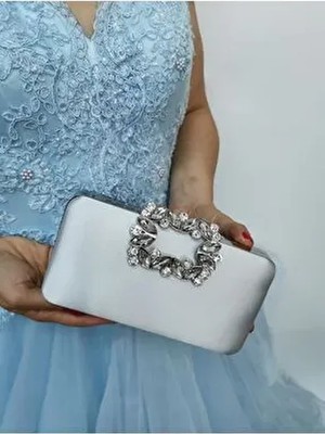 Kadın Saten Gümüş Abiye Taşlı Tokalı Clutch Portföy El Düğün Nişan Gece Çantası