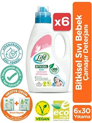 Life by Fakir Life Bitkisel Vegan Sıvı Bebek Çamaşır Deterjanı 1500 ml x 6 Adet %100 Doğal Temizlik Hipoalerjenik
