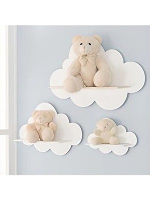 Woodnest 3'lü Beyaz Dekoratif Bulut Çocuk Odası Duvar Rafı Mdf