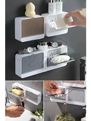 Yapışkanlı Çift Bölmeli Sabunluk Kapaklı Kendinden Boşaltmalı Su Tutmaz Katı Sabunluk Sabun Kutusu