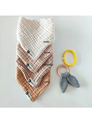 Destiny Hometex %100 Pamuklu 8 Kat Muslin Kumaş Üç Çıtçıtlı Bebek Mama Önlüğü 4'lü Set Ağız Mendili