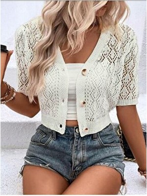 Yuga Knitting Yuga Ajurlu Desenli Kısa Kol Triko Hırka İnce Kumaş ile Mevsimlik Kadın Modası