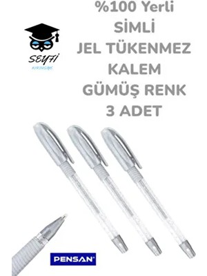%100 Yerli  Simli Jel Tükenmez Kalem Gümüş Renk 3 Adet Pensan
