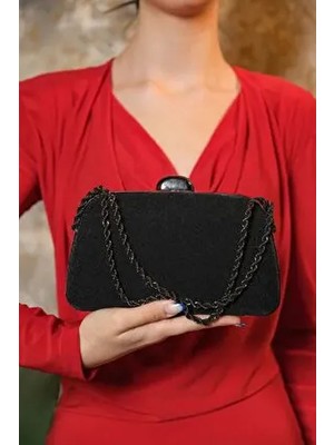 Siyah Simli Zincir Askılı El Omuz Abiye Dügün Gece Çantası