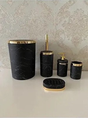 5 Parça Mermer Desen Mat Banyo Seti / Wc Fırçalık, Sıvı - Katı Sabunluk, Çöp Kovası, Diş Fırçalık