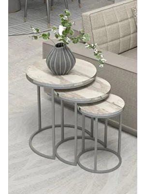 Gold Falez Zigon Sehpa C Lüx Gümüş Efes Modern Tasarım Yuvarlak 3 Adet Suntalam Malzemeden 50 cm Derinlik