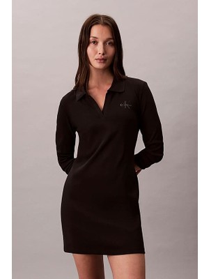 Kadın Regular Fit Polo Yaka Fitilli Mini Elbise - Siyah