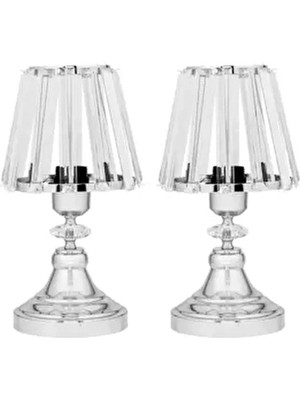 Evlight Modern Taşlı Abajur 2'li Kristal Gövdeli Gümüş Renkli Şık Görünümlü Salon Yatak Odası