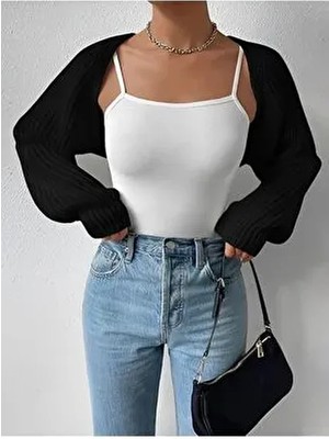 Moibody Triko Örgü Düz Desenli Reglan Kol Bolero Hırka Siyah Kadın Cepsiz Orta Kalınlık