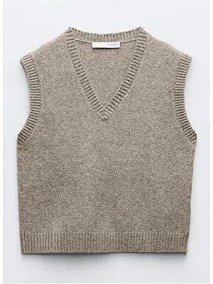 Winter Club Kadın Vizon Renk V Yaka Fitilli Kenarlı Kolsuz İpek Süveter