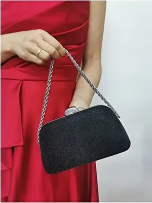 Kadın Big Taşlı Siyah Abiye Clutch Portföy Zincir Askılı  El Düğün Nişan Gece Omuz  Çantası