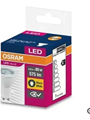 6.9W = 80W Eşdeğer GU10 Duylu 2700KELVIN Sarı Işık 575LÜMEN F Enerji LED Value Spot Ampul