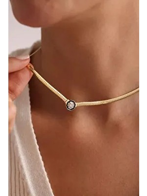 925 Ayar Gümüş Gold Kaplama Hasır Zincirli Ortası Tektaş Kolye